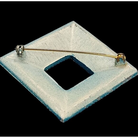 Square Rhinestone Brooch Pin With Gold Detailing & Blue Enamel Finish Vintage - Picture 7 of 11